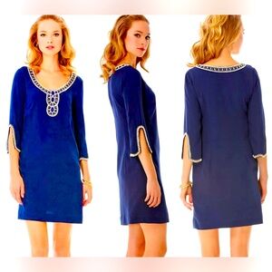 Lilly Pulitzer Sarah True Navy Beaded Embellished Shift 3/4 Sleeve Dress Size S